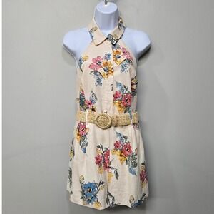 House OF Harlow 1960 Romper Size 12 Collared Halter Floral Linen Blend Open Back